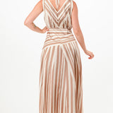 Striped Satin effect V-Neck Maxi Dress with Back Tie