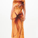 Ruched Shoulder Botanical Satin Effect Midi Dress