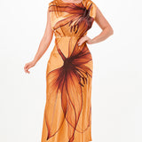 Ruched Shoulder Botanical Satin Effect Midi Dress