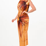 Ruched Shoulder Botanical Satin Effect Midi Dress