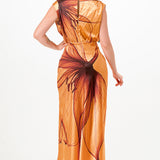 Ruched Shoulder Botanical Satin Effect Midi Dress