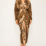 Leopard Deep V-neck Long Dolman Sleeve Midi Dress