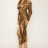 Leopard Deep V-neck Long Dolman Sleeve Midi Dress