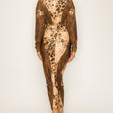 Leopard Deep V-neck Long Dolman Sleeve Midi Dress