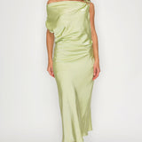 One-Shoulder Satin Drape Midi Dress with Brooch Detail