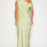 One-Shoulder Satin Drape Midi Dress with Brooch Detail