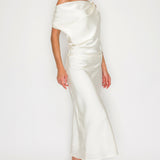 One-Shoulder Satin Drape Midi Dress with Brooch Detail