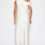 One-Shoulder Satin Drape Midi Dress with Brooch Detail