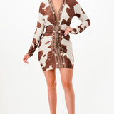 Cow Print Plunge Neck Long Sleeve Mini Dress