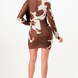 Cow Print Plunge Neck Long Sleeve Mini Dress