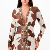 Cow Print Plunge Neck Long Sleeve Mini Dress