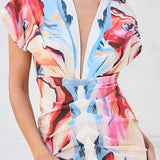 Printed deep V-neck pleats midi dress