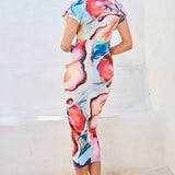 Printed deep V-neck pleats midi dress
