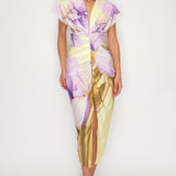 Printed deep V-neck pleats midi dress