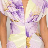 Printed deep V-neck pleats midi dress