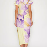 Printed deep V-neck pleats midi dress