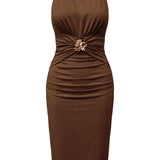 Ruched Halter Midi Dress with Gold Hardware