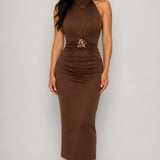Ruched Halter Midi Dress with Gold Hardware