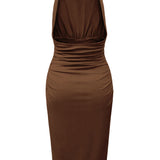 Ruched Halter Midi Dress with Gold Hardware