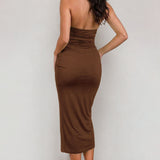 Ruched Halter Midi Dress with Gold Hardware