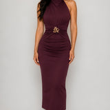 Ruched Halter Midi Dress with Gold Hardware