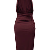 Ruched Halter Midi Dress with Gold Hardware