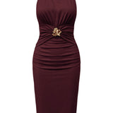 Ruched Halter Midi Dress with Gold Hardware