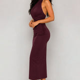 Ruched Halter Midi Dress with Gold Hardware