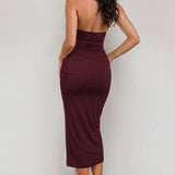 Ruched Halter Midi Dress with Gold Hardware