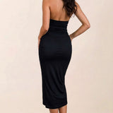 Halter Neck Ruched Midi Dress with Jewel Detail