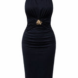Halter Neck Ruched Midi Dress with Jewel Detail