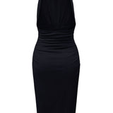 Halter Neck Ruched Midi Dress with Jewel Detail