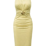 Halter Neck Ruched Midi Dress with Jewel Detail