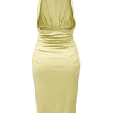 Halter Neck Ruched Midi Dress with Jewel Detail