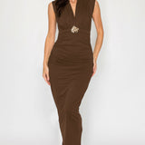 Deep V-Neck Ruched Midi Dress with Metal Accent