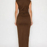 Deep V-Neck Ruched Midi Dress with Metal Accent