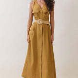 Button-Front Belted Maxi Dress with Cross Back
