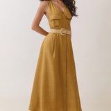 Button-Front Belted Maxi Dress with Cross Back