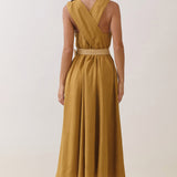Button-Front Belted Maxi Dress with Cross Back