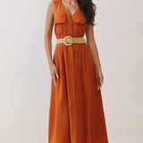 Button-Front Belted Maxi Dress with Cross Back