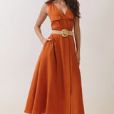 Button-Front Belted Maxi Dress with Cross Back