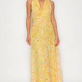 Halter Neck Ruched Floral Maxi Dress