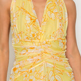 Halter Neck Ruched Floral Maxi Dress