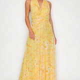 Halter Neck Ruched Floral Maxi Dress