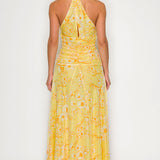 Halter Neck Ruched Floral Maxi Dress