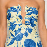 Floral Print Deep V-Neck Shirring Midi Dress
