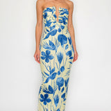 Floral Print Deep V-Neck Shirring Midi Dress