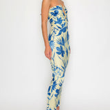Floral Print Deep V-Neck Shirring Midi Dress