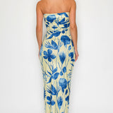 Floral Print Deep V-Neck Shirring Midi Dress