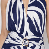 Printed Halter Neck Mini Dress with Buckle Detail